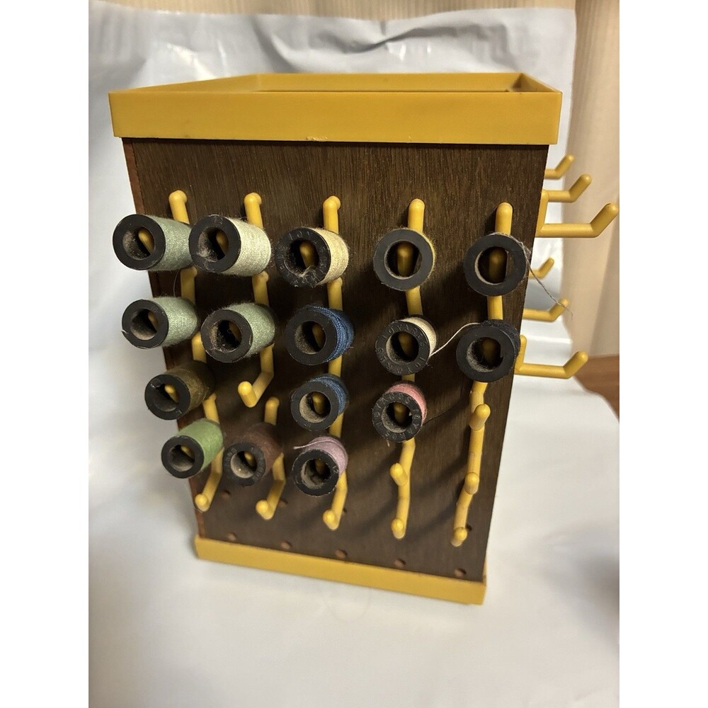 Vintage Wood Revolving Thread Rack 8 In Tall Crafts Hooks Organizer Sewing - Picture 2 of 10